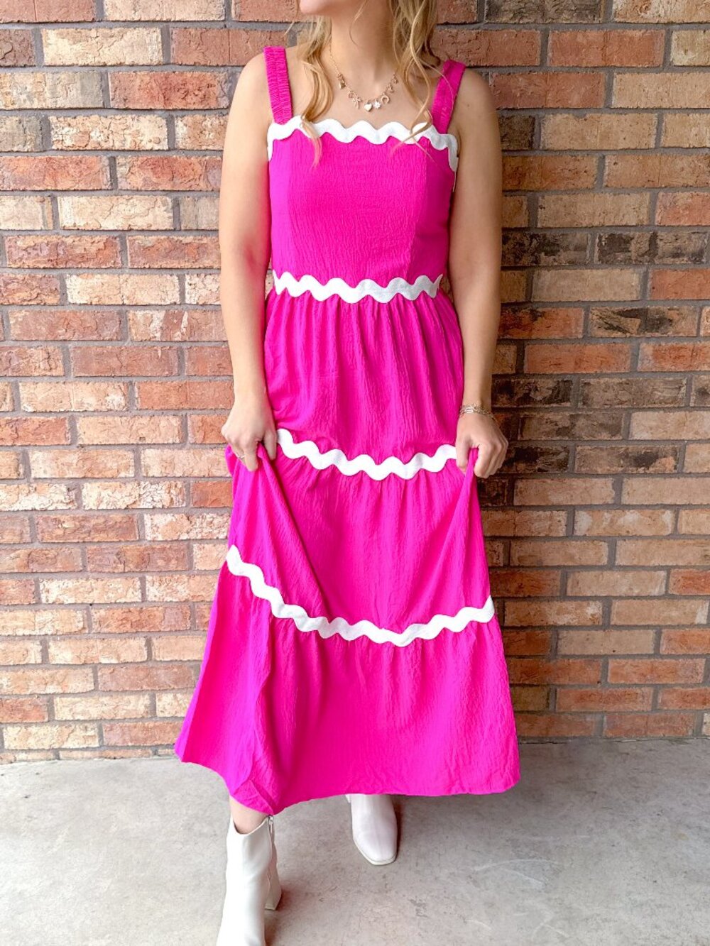Solid Tiered Midi Dress, Hot Pink